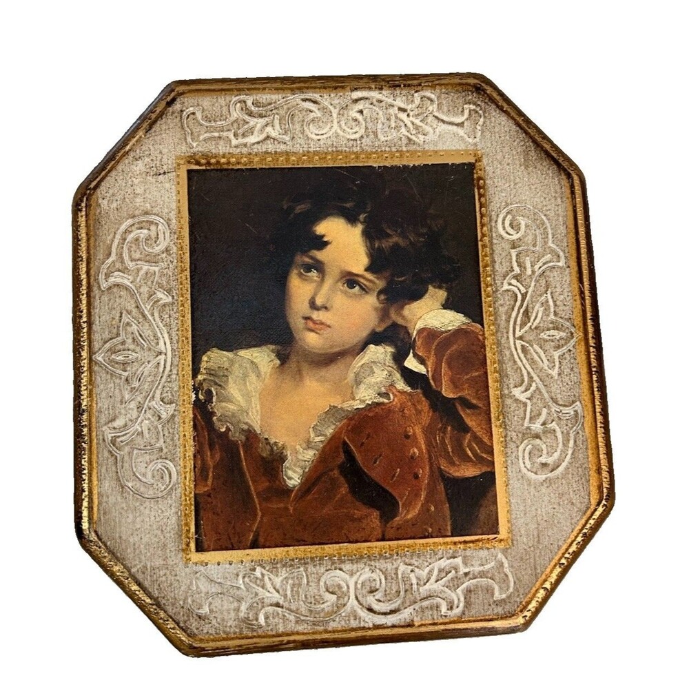 Vintage Red Boy Gilt Gold Wood Florentine Style Plaque by Sir Thomas Lawrence